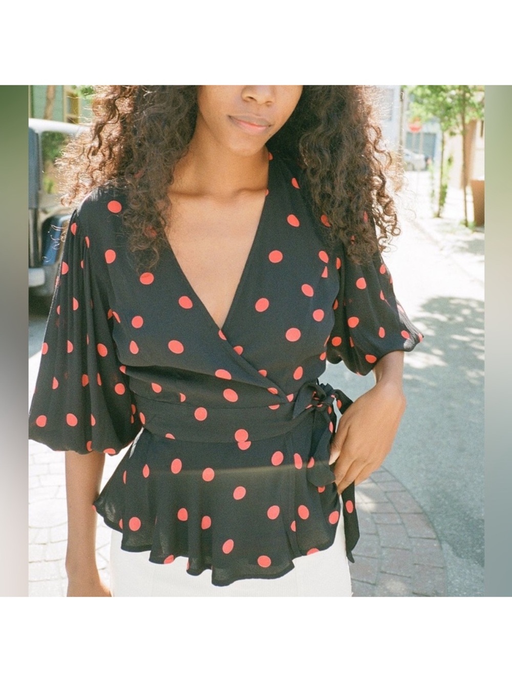 Ganni Black Wrap Blouse with Red Polka Dots size 34 (like XS)